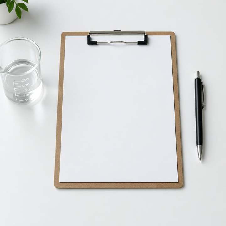 Clipboard, pen and beaker