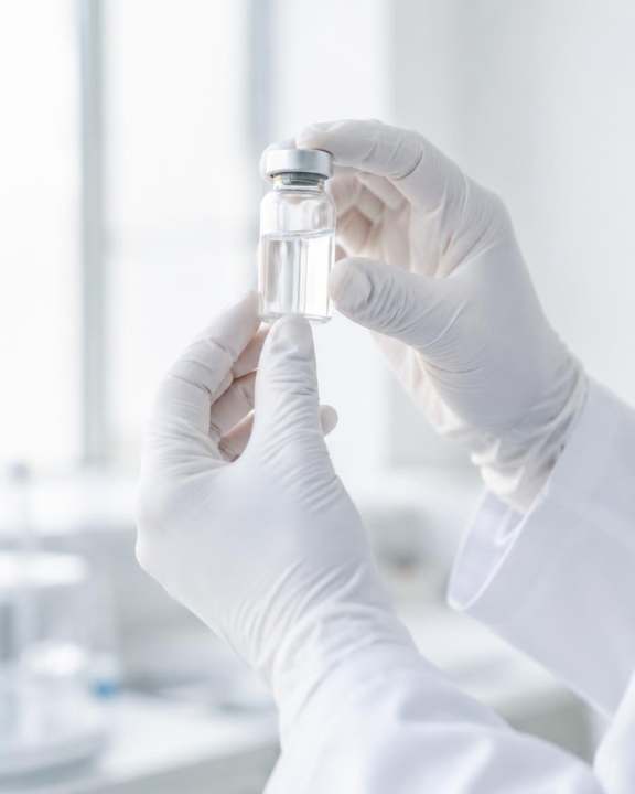 Gloved hands examining a glass vial